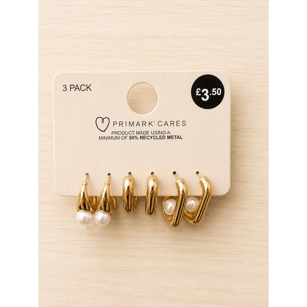 Primark 3 Pair Gold Tone Hoop Earrings Pearl Accent Set New on Card